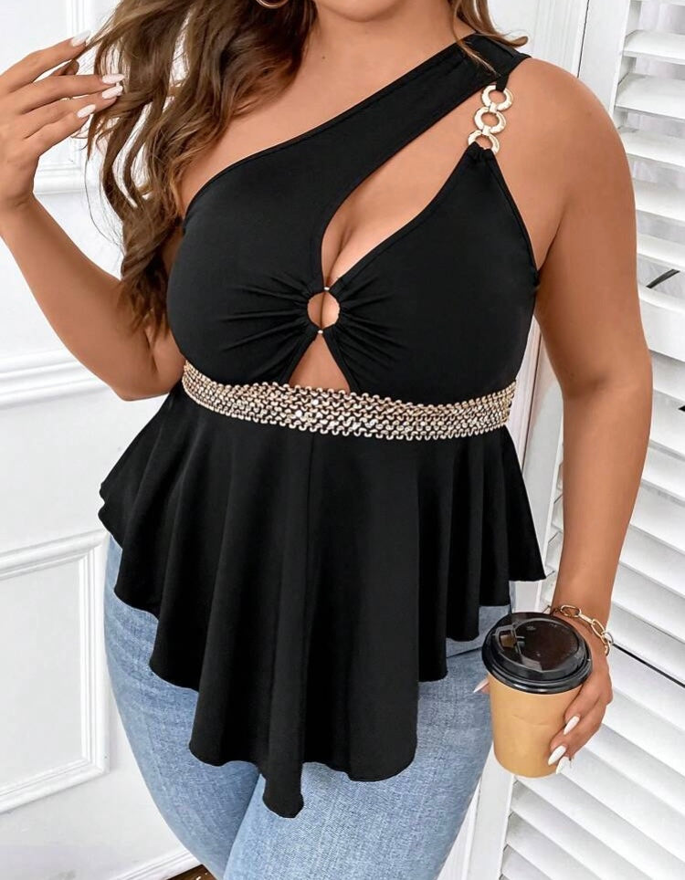 It’s Halter Season Black Plus Gold Ring Linked One Shoulder Belted Styling Summer Vacay Top Blouse Shirt