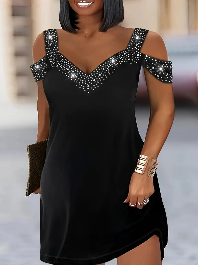 Glamorous Black Rhinestone Seductive Cold Shoulder V Neck Stretch Mini Dress for Curvy Fab Women