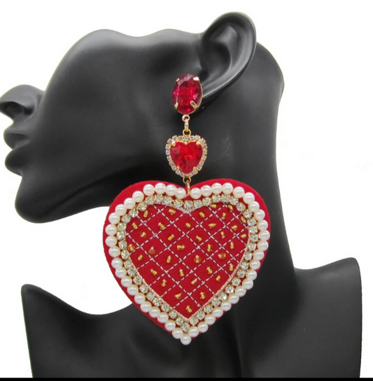 Big Red Heart Dangle Earrings for Women Statement 3 Layers Pearl Rhinestone Crystal Pendant Earrings Jewelry