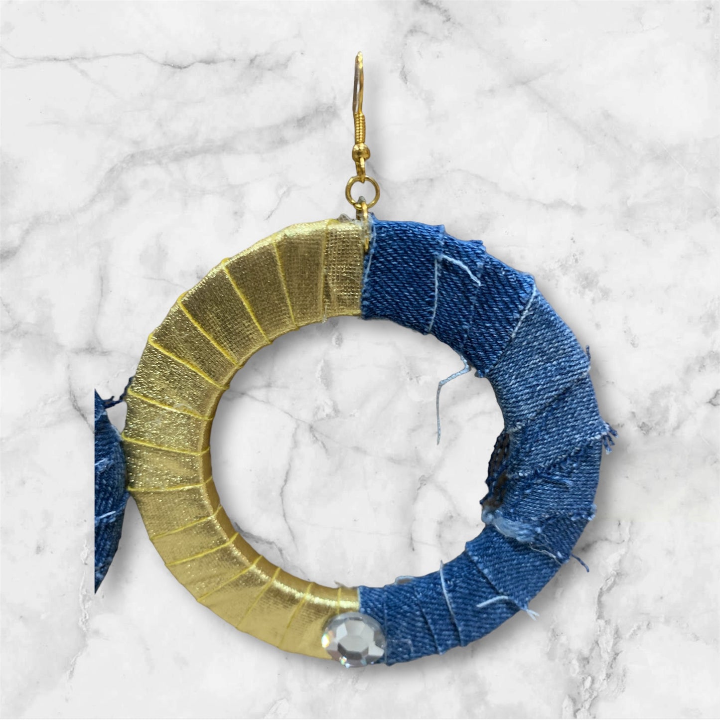 Fashion Statement Denim Shimmering Gold Wood Distressed Customized Hoop Earrings Jewelry