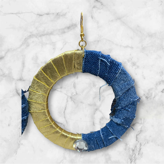 Fashion Statement Denim Shimmering Gold Wood Distressed Customized Hoop Earrings Jewelry