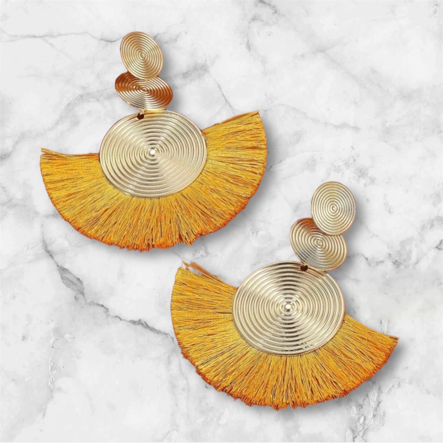 Gold Yellow Classy Circle Tassel Drop Earrings Bohemian Style Fan-Shaped Earrings for Women Accessories