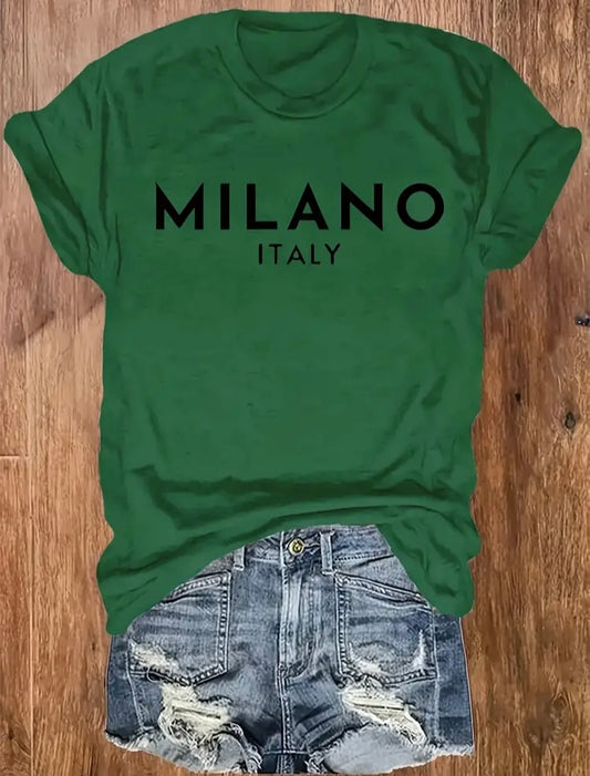 Green Plus Size MILANO Italy Print Tee Casual Short Sleeve Top Women's Wear Clothing