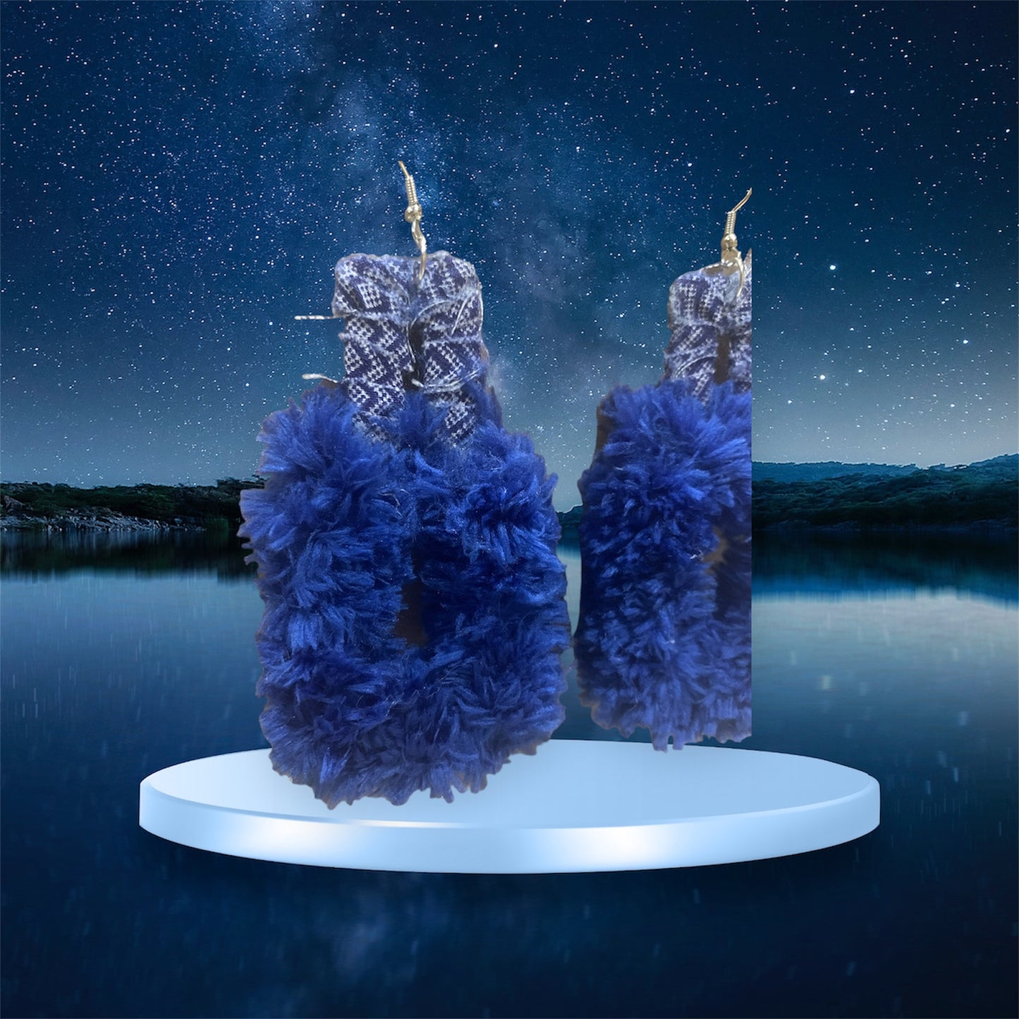 Fashion Statement Double Square Design Customized Denim Look Blue Furry Fuzzy Diva Chic Earrings Accessories