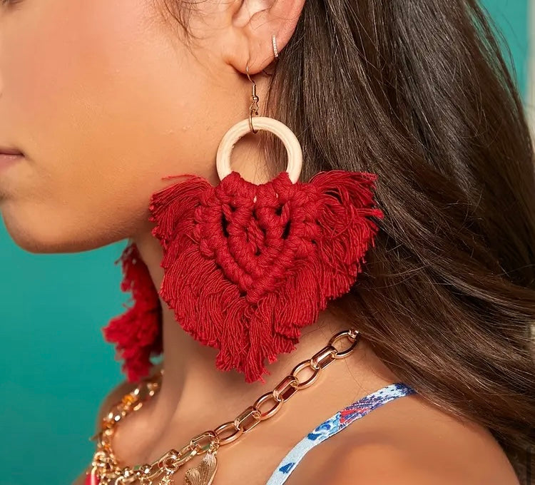 Red Fashion Bohemian Fabric Tassel Earrings Handmade Thread Dangle Earrings Vintage Ethnic Style Jewelry