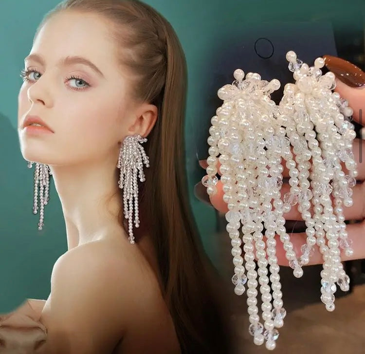 Nice Pearls and Elegant Beaded Long Dangling Tassel Earrings Exquisitely Handcrafted Made w Glamorous and Sophisticated Design Touch for Woman Accessories