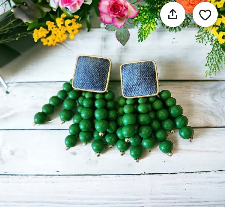 Green Denim Wooden Round Beaded Chain Drop Earrings High-Quality Fashion Trend Jewelry Accessories