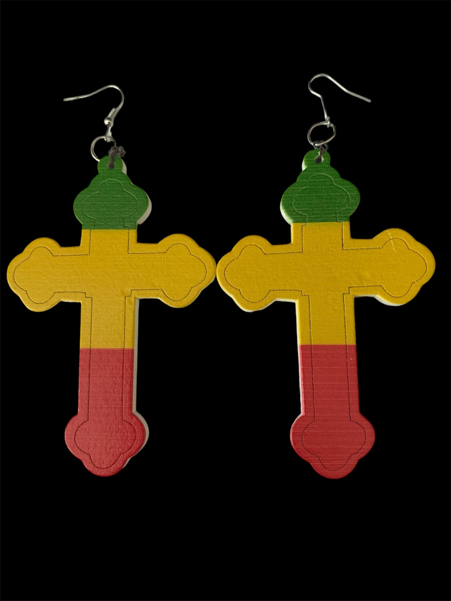 Ladies Jamaican Bob Marley Styled Wood  Cross Fashion Statement  Dangle Women's Earrings