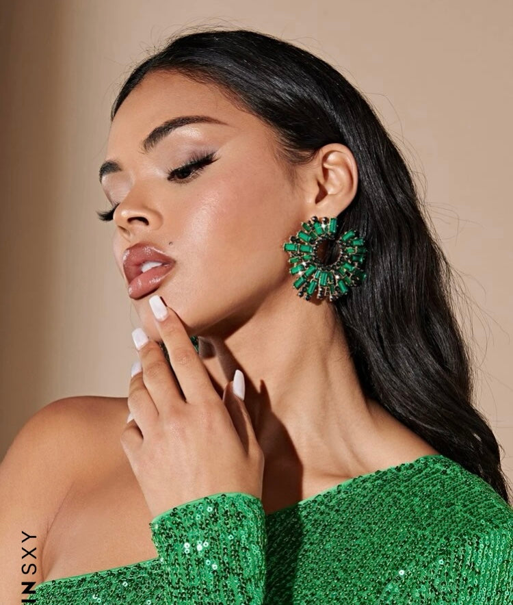 Fashion Hunter Green SXY Rhinestone Crystal Round Women Stud Glam Earrings