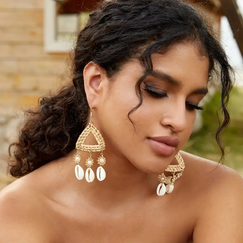 Unique Cowries Triangle Shell Tassel Design Dangle Earrings  Bohemian Style for Women Seaside Vacay Jewelry