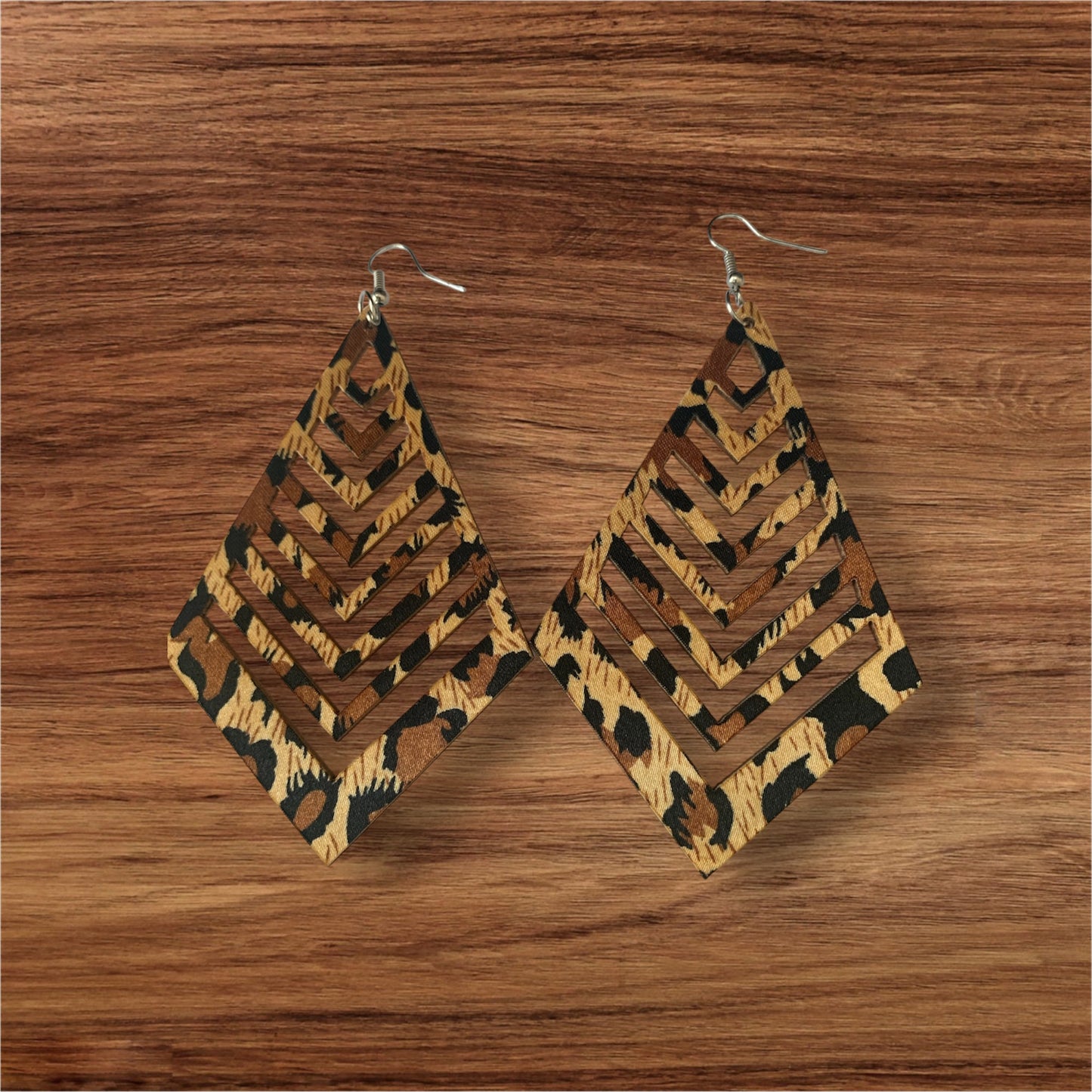 Ladies Women's Brown Long Acrylic Styled Fashion  Wood Statement Earrings Cheetah Styled Accessories