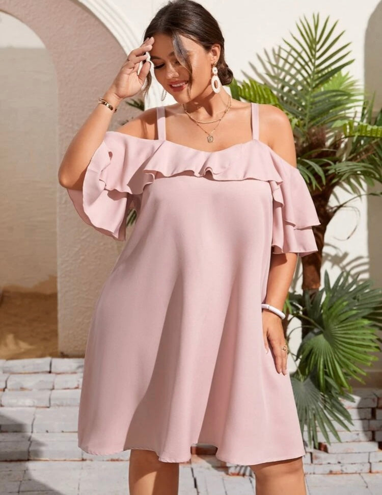 Baby Pink Smooth Classy Styling Plus Off Shoulder Ruffle Trim Trendy Fashion Statement Dress