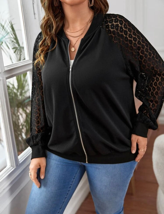 Black Lace Sleeve Bomber Zip Jacket Coat Plus Wear