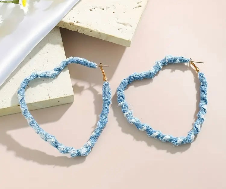 Light Denim & Fashion Print Fabric Wrapped Heart Hoop Earrings for Women Accessories