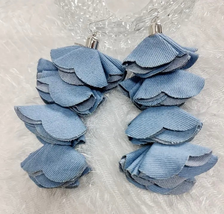 Beautiful Four Layered Denim Handmade Flower Petal Tassel Dangle Earrings for Women Fashion  Jewelry