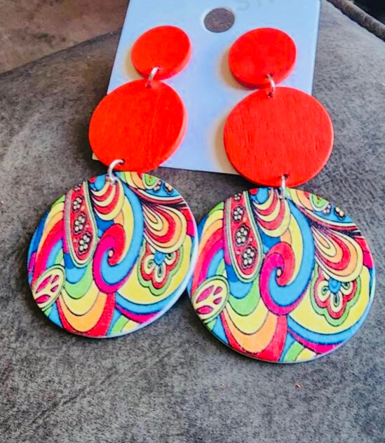 Cute Red Paisley Rainbow Colors Designed Graphic Wooden Round Drop Earrings Jewelry