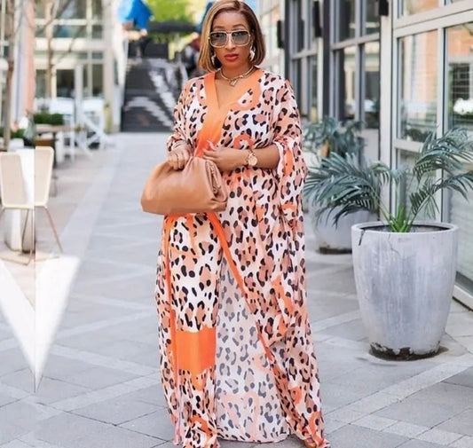 Orange Lover’s Plus Size Elegant Outfits Set Women's w Leopard & Heart Print Batwing Sleeve V Neck Split Hem Longline Top & Pants Outfit Two Piece Set Wear