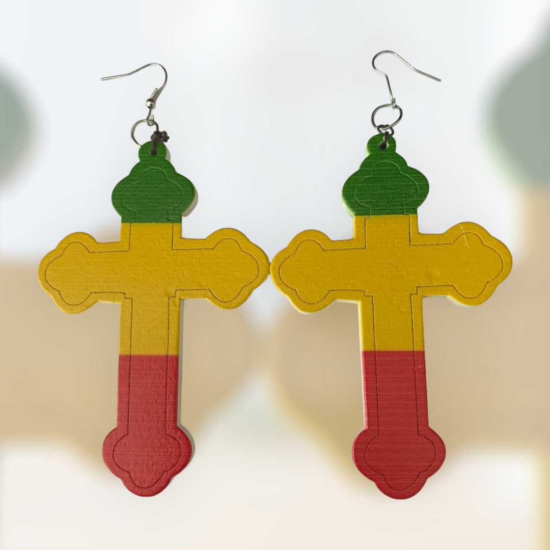 Ladies Jamaican Bob Marley Styled Wood  Cross Fashion Statement  Dangle Women's Earrings