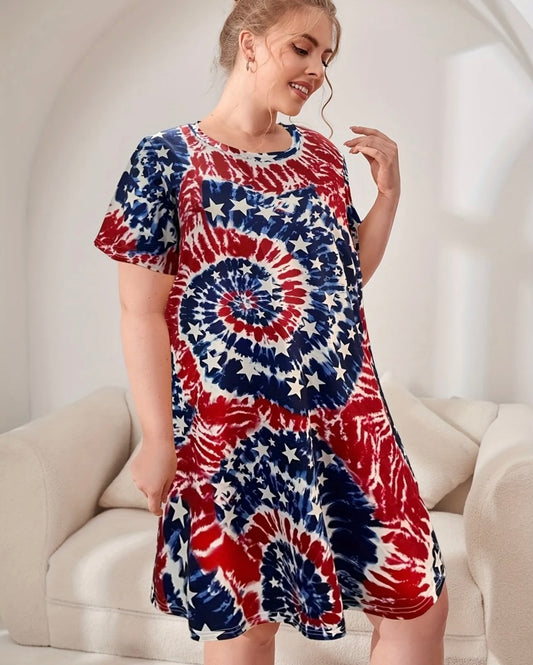 Red White Blue Plus Size Independence Day Loungewear Dress Women's Plus Tie Dye Star & Flag Print Short Sleeve Comfort Wear Dress Clothes