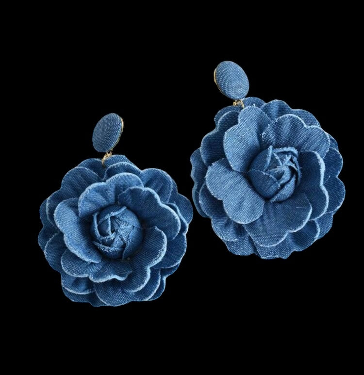 Denim Rose Flower Women Drop Bold Elegant  Exaggerate Statement Earrings