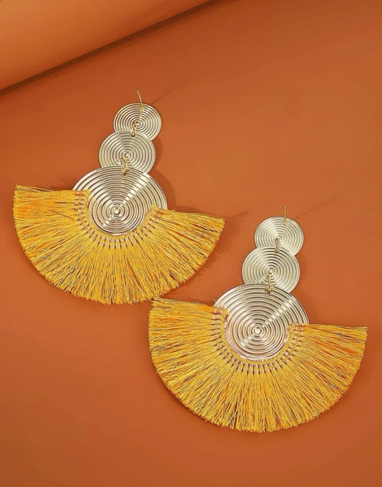 Gold Yellow Classy Circle Tassel Drop Earrings Bohemian Style Fan-Shaped Earrings for Women Accessories