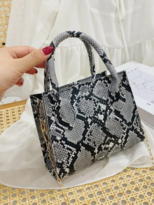 Grey Mini Snakeskin Print Chain Satchel Bag Purse Tote Accessories