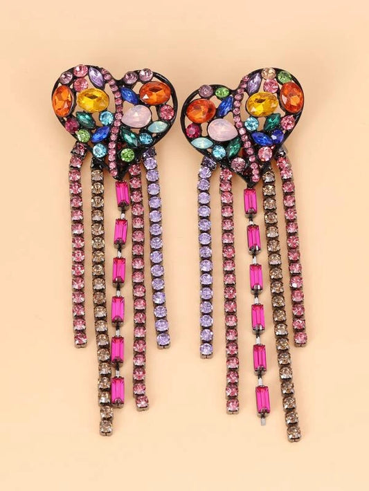 Beautiful Rhinestone Heart Tassel Drop Earrings Bling  Accessories