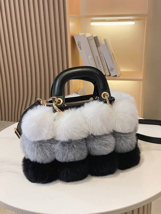 Pom Pom Fashion Fluffy Fur Ball Box Bag Handbag Purse Tote Ladies Accessories