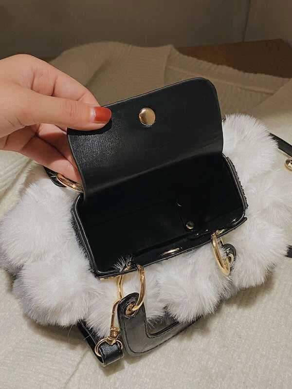 Pom Pom Fashion Fluffy Fur Ball Box Bag Handbag Purse Tote Ladies Accessories