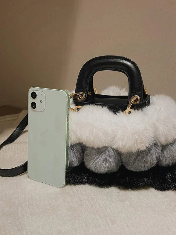 Pom Pom Fashion Fluffy Fur Ball Box Bag Handbag Purse Tote Ladies Accessories