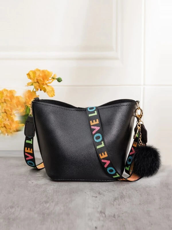 Pretty Little Mini Love Pom Pom Chain Black PU Letter  Bucket Shaped Styled Shoulder Bag