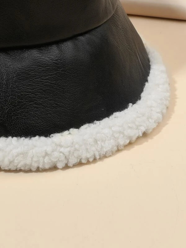 Winter Fashion Fuzzy Trim Bucket Hat and Baguette Shoulder Tote Handle Purse Set