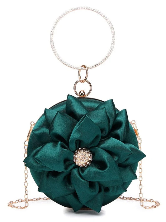 Glamorous Hunter Green Mini Rhinestone Detail Floral Wrist Ring Round  Box Tote Bag