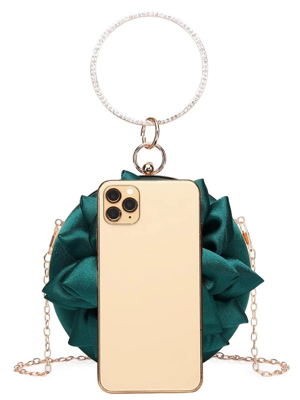 Glamorous Hunter Green Mini Rhinestone Detail Floral Wrist Ring Round  Box Tote Bag