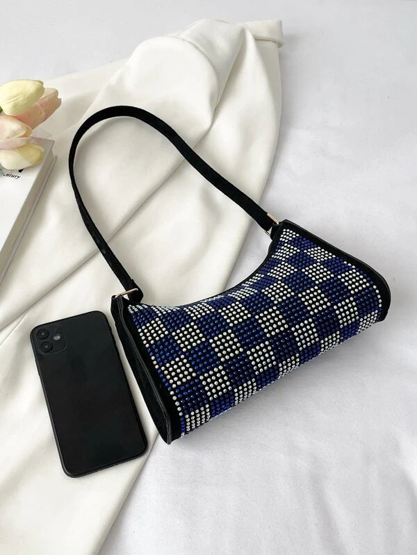 Trendy Rhinestone Denim Blue Styled Checkered Studded Fashion Baguette Bag Accessories