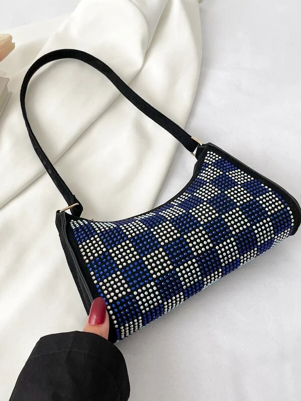 Trendy Rhinestone Denim Blue Styled Checkered Studded Fashion Baguette Bag Accessories
