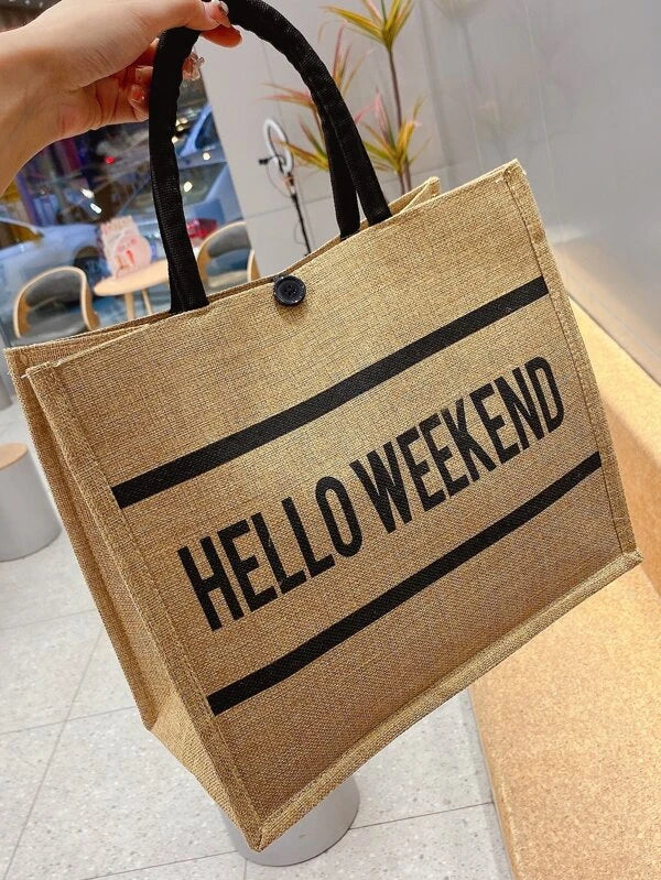 Tan Letter Graphic "Hello Weekend" Summer Beach Handle Tote Bag