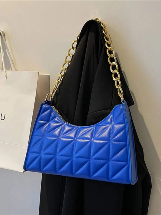 Cobalt Blue Fashion Quilted Chain Baguette Purse Bag Accessory Tote