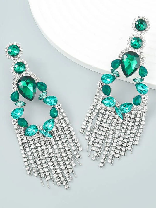 Glamorous Emerald Green Crystal Fashion Rhinestone Tassel Drop Earrings