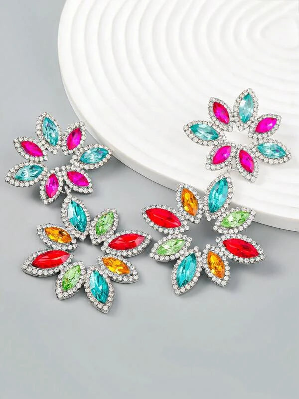 Glamorous Diva Rhinestone Flower Drop Earrings For Women All Occasion Accessories