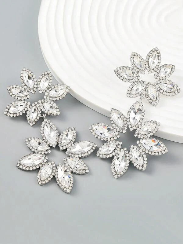 Glamorous Diva Rhinestone Flower Drop Earrings For Women All Occasion Accessories