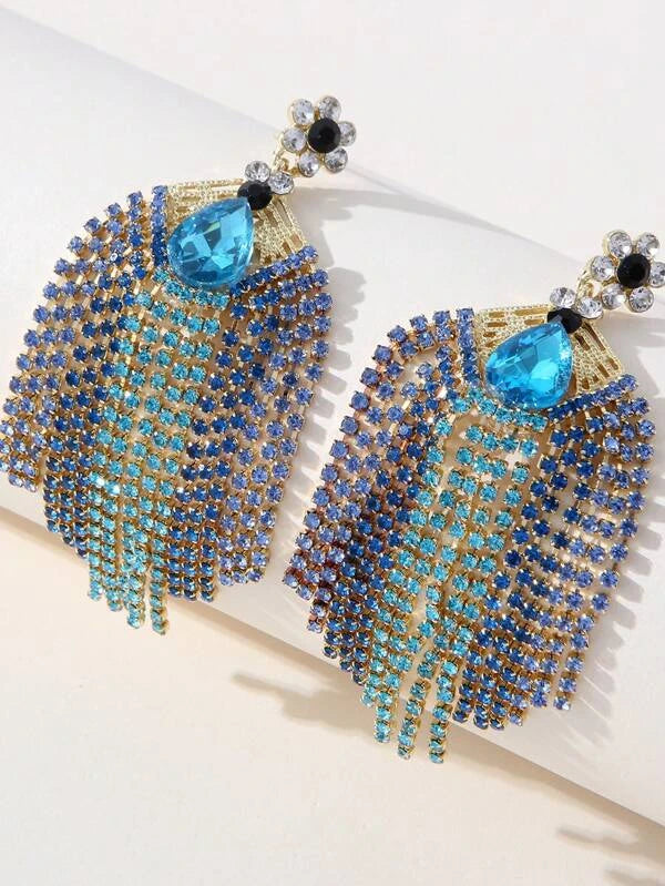 Teal Blue Glamorous Tassel & Rhinestone  Drop Earrings Trendy Jewelry