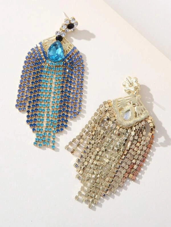 Teal Blue Glamorous Tassel & Rhinestone  Drop Earrings Trendy Jewelry