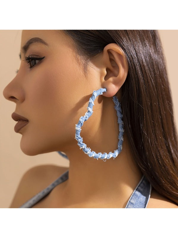 Light Denim & Fashion Print Fabric Wrapped Heart Hoop Earrings for Women Accessories