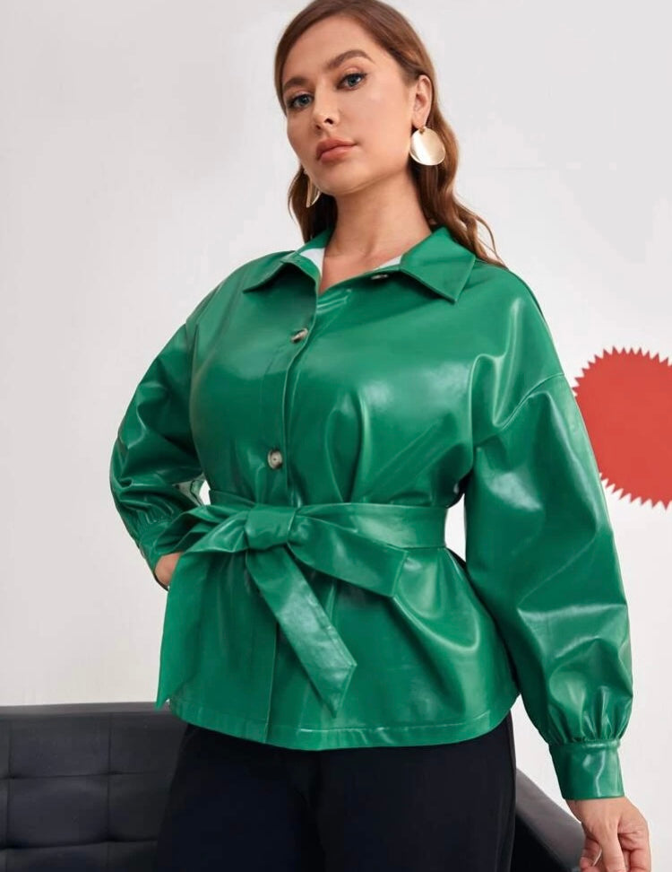 Attractive Green Plus Shirt Blouse Shoulder Belted Stylish PU Leather Jacket for Fall Winter  Clothing Casual Formal Wear