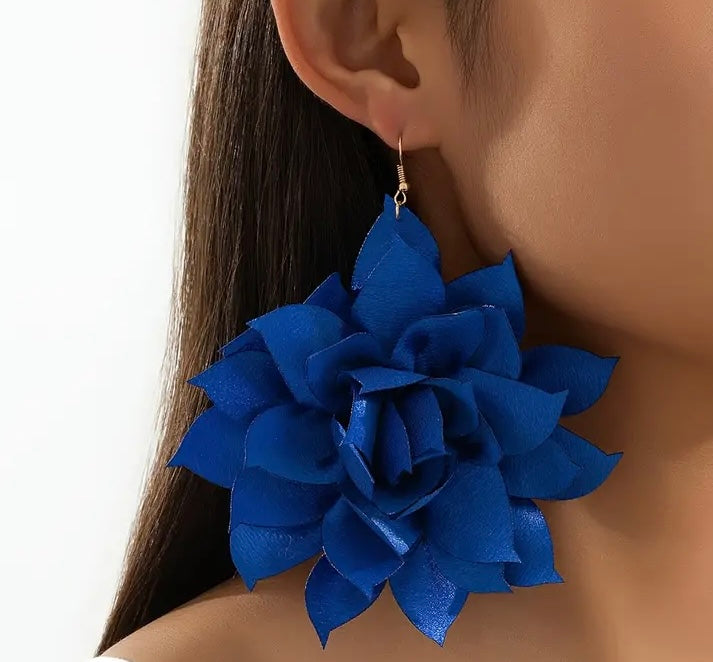 Elegant Blue Island Girl Fashion Fabric Flower Earrings Perfect for Parties, Cruises and Summer Spring Festivals