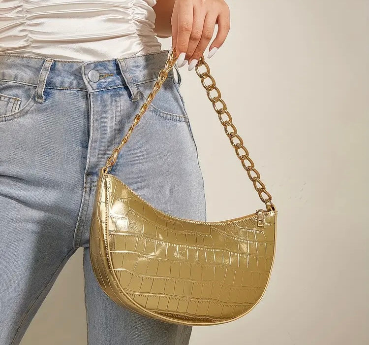 Lovely Gold Metallic Crocodile Embossed Chain Trendy Tote Bag Purse