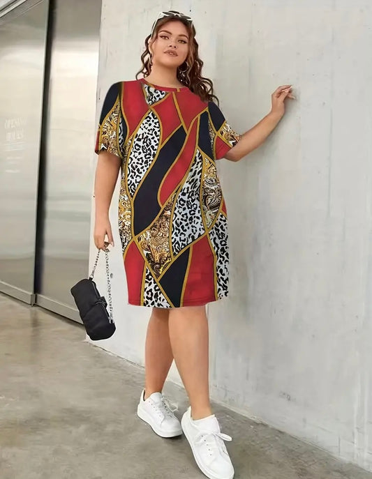 Red Printed Cheetah Styled Plus Size Casual Lounge Paisley Print Short Sleeve Round Neck Women’s Comfy Summer Dress Clothing