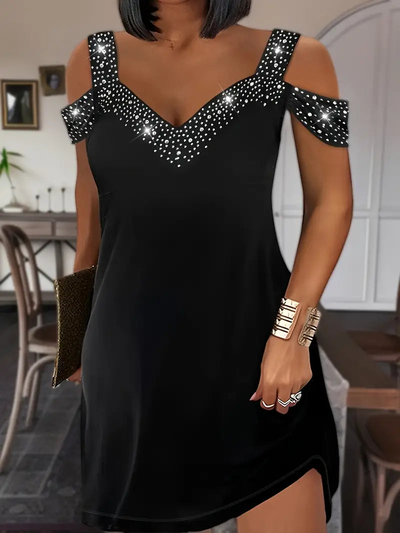 Glamorous Black Rhinestone Seductive Cold Shoulder V Neck Stretch Mini Dress for Curvy Fab Women