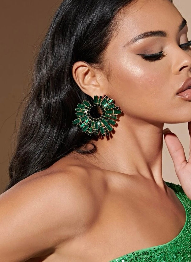 Fashion Hunter Green SXY Rhinestone Crystal Round Women Stud Glam Earrings